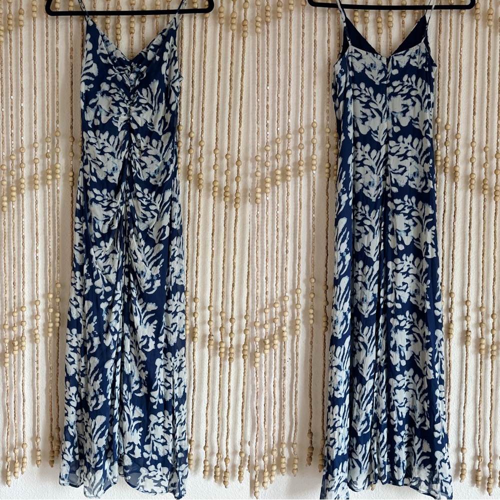 Bailey 44 Blue Fresco Floral Batik Ruched Boho Beach Formal Maxi Slip Dress Sm